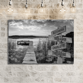 Personalized black and white lily pad lake dock family signpost canvas with custom family names and locations