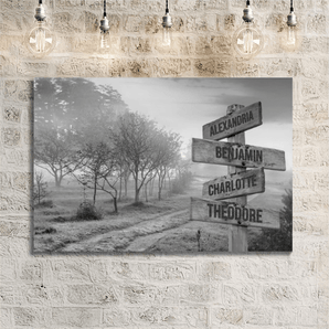 Personalized black and white misty country path family signpost canvas with custom family names and locations