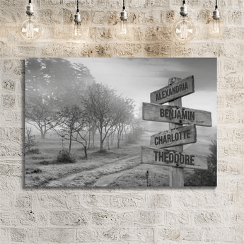 Personalized black and white misty country path family signpost canvas with custom family names and locations