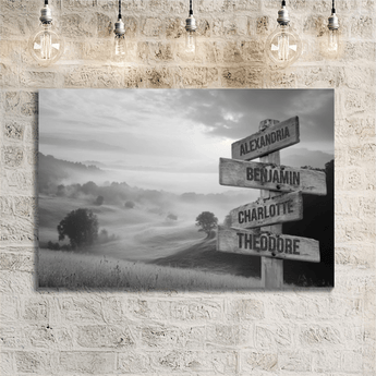 Personalized black and white misty countryside family signpost canvas with custom family names and locations