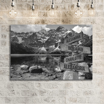 Personalized mountain lake family signpost canvas with custom family names and locations