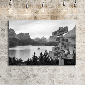 Personalized black and white mountain lake family signpost canvas with custom family names and locations