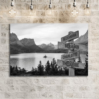 Personalized black and white mountain lake family signpost canvas with custom family names and locations