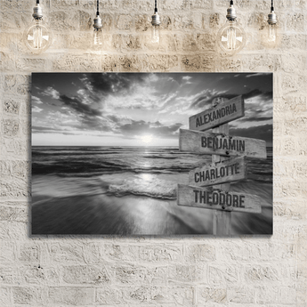 Personalized black and white ocean sunset family signpost canvas with custom family names and locations