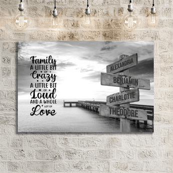 Personalized black and white pier quote family signpost canvas with custom family names and locations