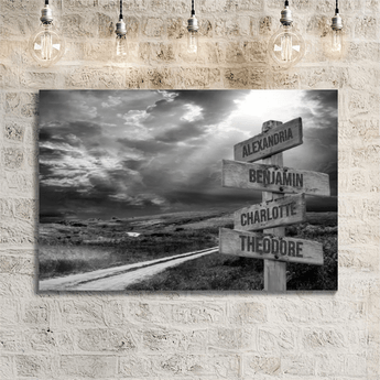 Personalized black and white prairie road family signpost canvas with custom family names and locations