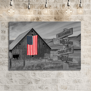 Personalized black and white rustic barn American flag family signpost canvas with custom family names and locations
