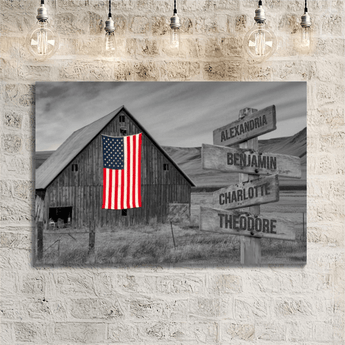 Personalized black and white rustic barn American flag family signpost canvas with custom family names and locations