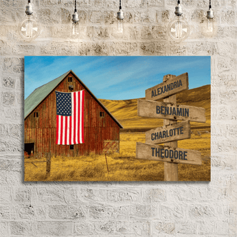Personalized rustic barn American flag family signpost canvas with custom family names and locations