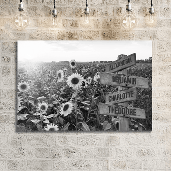 Personalized black and white sunflower field family signpost canvas with custom family names and locations