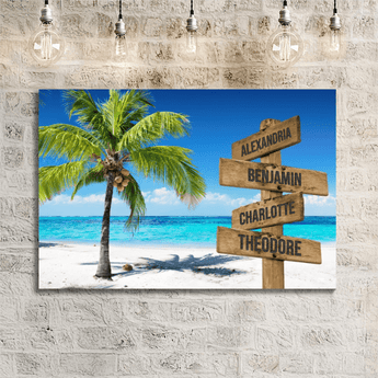 Personalized tropical beach family signpost canvas with custom family names and locations