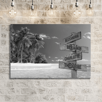 Personalized black and white tropical beach family signpost canvas with custom family names and locations