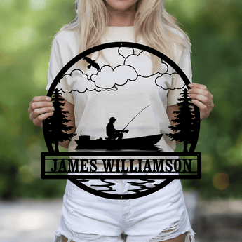 Personalized Fisherman and Lake Name Metal Sign