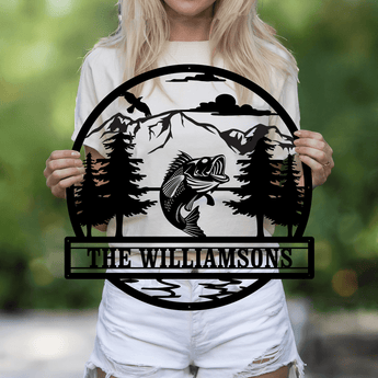 Personalized Fishing and Mountain Name Metal Sign