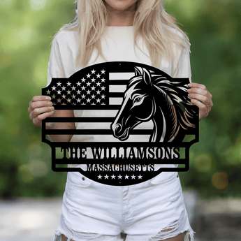Horse and American flag personalized metal sign - custom family name ranch wall art