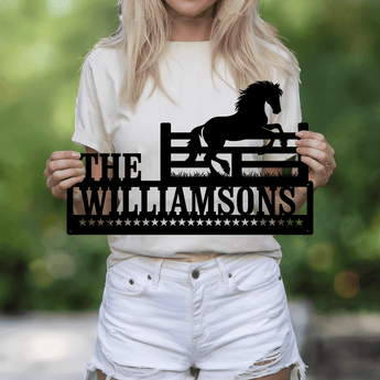 Jumping horse personalized metal sign - custom family name western ranch wall art