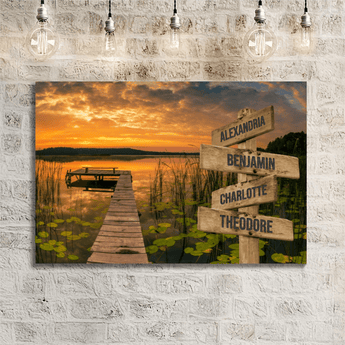 Personalized lily pad lake dock family signpost canvas with custom family names and locations
