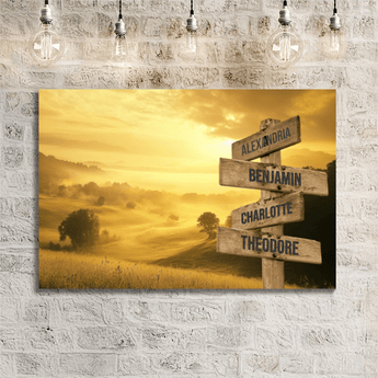 Personalized misty countryside sunrise family signpost canvas with custom family names and locations