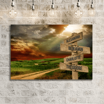 Personalized prairie road stormy sky family signpost canvas with custom family names and locations