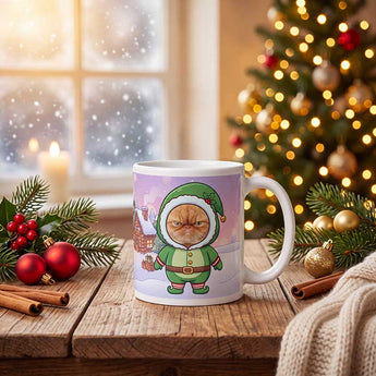 Personalized pet elf Christmas mug on a cosy festive table beside a Christmas tree, a pet's real face inside a cute cartoon elf onesie hood.