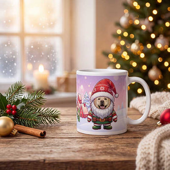 Personalized pet gnome Christmas mug on a cosy festive table beside a Christmas tree, a pet's real face inside a cute cartoon gnome hood.