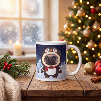 Personalized pet penguin Christmas mug on a cosy festive table beside a Christmas tree, a pet's real face inside a cute cartoon penguin onesie.