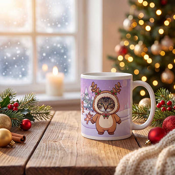 Personalized pet reindeer Christmas mug on a cosy festive table beside a Christmas tree, a pet's real face inside a cute cartoon reindeer onesie.
