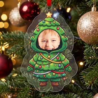 Personalized Christmas tree photo ornament die-cut to the tree shape in clear acrylic — a real face on a cute cartoon Christmas-tree onesie, on a red ribbon