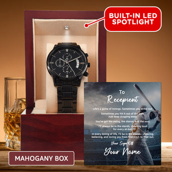 Black chronograph watch gift for him with a personalized message card