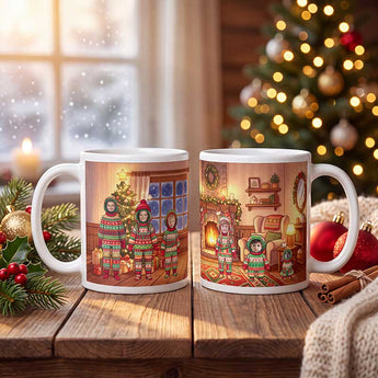 Personalized family Christmas mug with photo faces on cartoon ugly-sweater onesie characters, shown both sides on a festive table — glossy ceramic, made in the USA