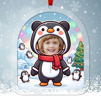 Personalized penguin Christmas ornament in clear acrylic — a real photo face in a cute penguin onesie, on a red ribbon