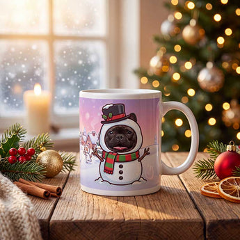 Personalized Snowman pet Christmas mug – your dog or cat's real photo face as a cute cartoon snowman with a top hat and scarf, on a snowy pastel village scene