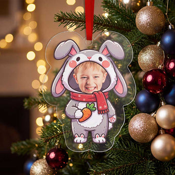 Personalized snow bunny photo ornament die-cut to the bunny shape in clear acrylic — a real face in a cute bunny onesie, on a red ribbon