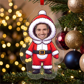 Personalized Santa photo ornament die-cut to the Santa shape in clear acrylic — a real face on a cute cartoon Santa body, on a red ribbon