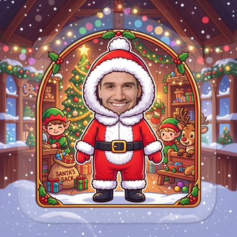 Personalized Santa Christmas ornament in clear acrylic — a real photo face on a cute cartoon Santa body, on a red ribbon