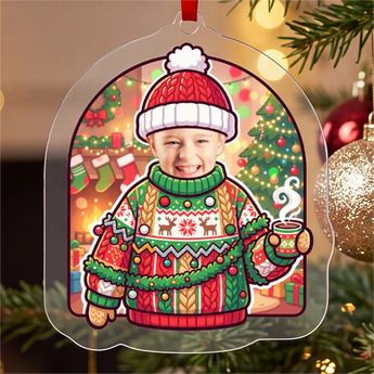 Personalized ugly Christmas sweater photo ornament — a real face above a garish knitted Christmas jumper and pom-pom hat in a cosy living room, on a red ribbon