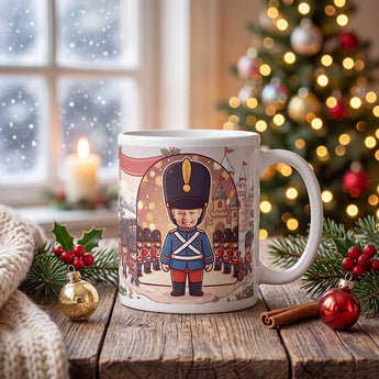 Personalized toy soldier photo mug on a cosy Christmas table — a real face on a cute cartoon toy soldier, printed both sides
