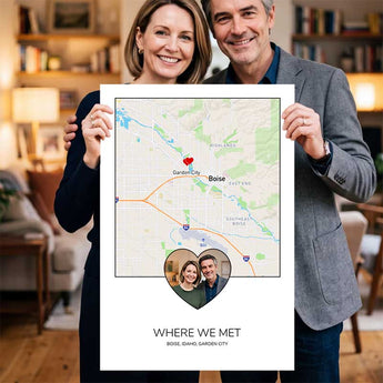 Unframed personalized Where We Met photo map print — a couple's photo set inside a heart over a custom street map, with their names, date and a red heart marker.