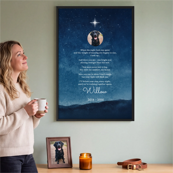 Personalized dog memorial framed poster with a Starry Night design and your pet's photo, name, dates and a remembrance verse — a heartfelt pet-loss keepsake