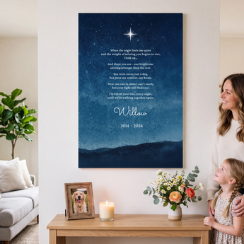 Personalized Starry Night dog memorial poster — a night-sky remembrance print with your pet's name and dates on matte paper