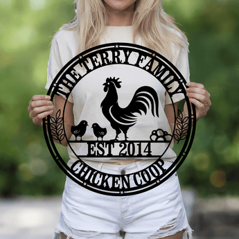 Rooster and chicks personalized metal sign - custom family name farm wall art