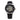 silver skeleton dial men's watch with black leather strap on white background