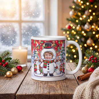Personalized snowman photo mug on a cosy Christmas table — a real face on a cute cartoon snowman in a top hat and scarf, printed both sides