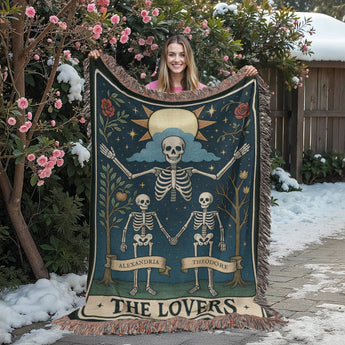 Personalized skeleton lovers woven blanket with the couple's names โ gothic keepsake throw