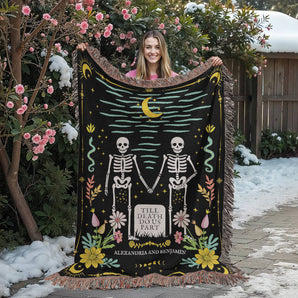 Personalized 'Till Death' woven blanket with the couple's names โ gothic skeleton keepsake throw