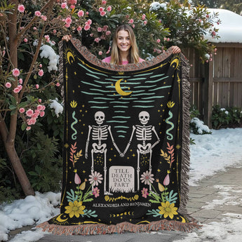 Personalized 'Till Death' woven blanket with the couple's names โ gothic skeleton keepsake throw