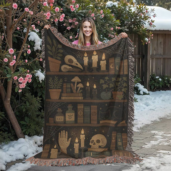 Witchy bookshelf woven blanket โ gothic reading-nook keepsake throw