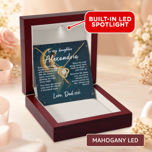 Love Knot necklace gift for daughter — personalized keepsake shown in a mahogany LED gift box
