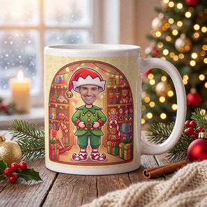 Personalized elf photo mug on a cosy Christmas table — a real face on a cute cartoon Christmas elf, printed both sides