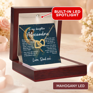 Interlocking Hearts necklace gift for daughter in 18k yellow gold finish, shown in a mahogany LED gift box